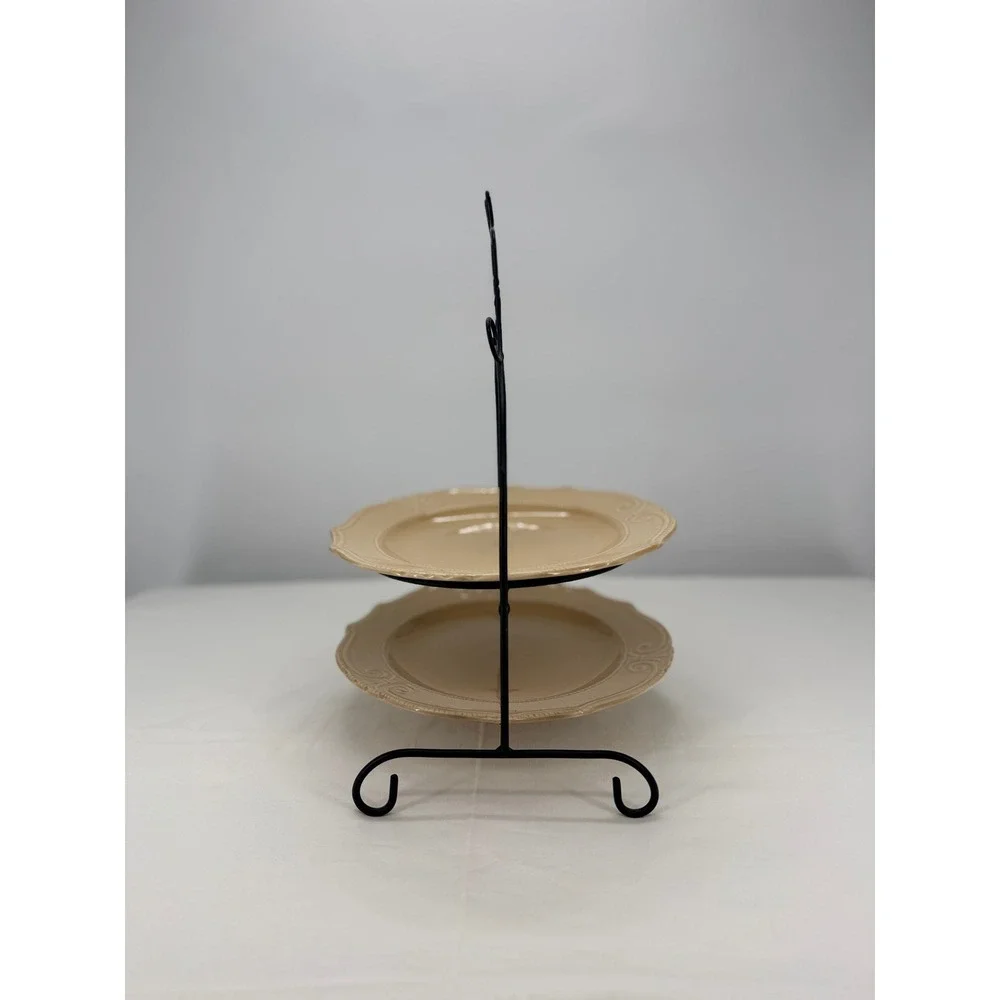 2‎ Tier Serving Stand with Apple Motif and Scalloped Tan Ceramic Plates